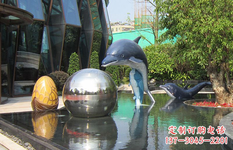 东莞不锈钢海豚水景雕塑,企业公园园林创意景观雕塑