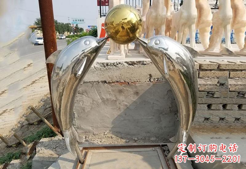 东莞不锈钢海豚顶球雕塑