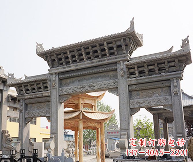 东莞村庄大理石三门牌坊石雕