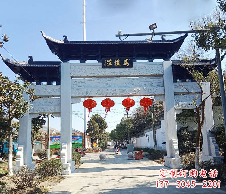 东莞村庄三门牌坊石雕 (2)