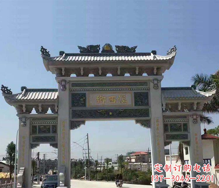 东莞村庄三门石牌坊石雕 (3)
