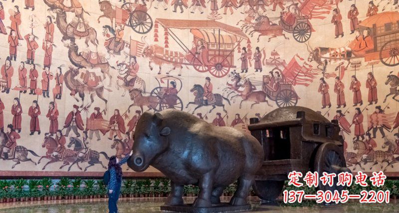 东莞传统风格铜河马拉车景观雕塑