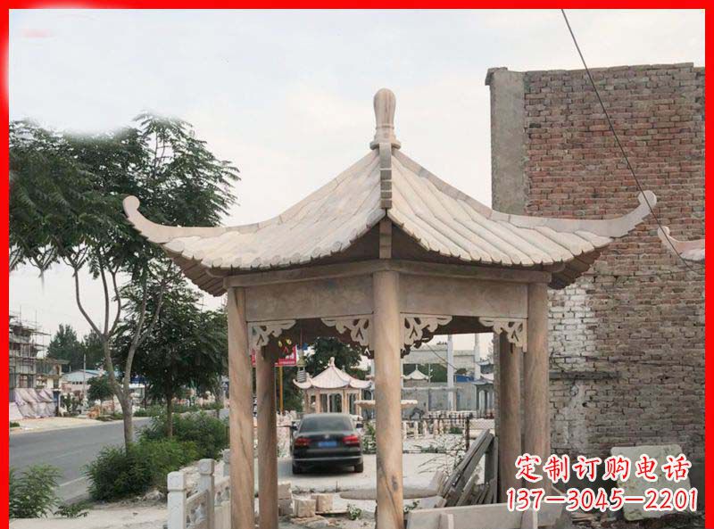 东莞公园晚霞红六角石凉亭雕塑