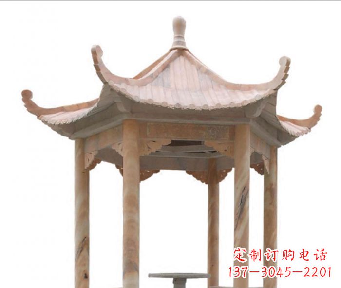 东莞美丽而优雅的公园晚霞红六角石凉亭雕塑