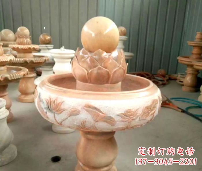 东莞石来运转晚霞红风水球喷泉石雕