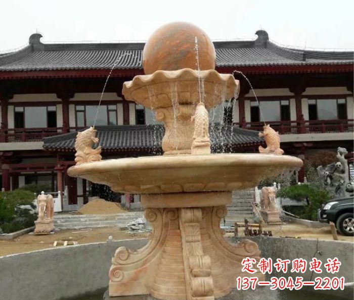 东莞双层风水球喷泉晚霞红石雕