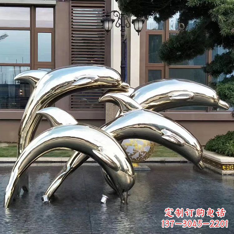 东莞水景不锈钢海豚雕塑-城市广场创意动物雕塑