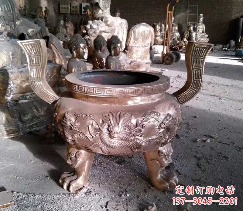东莞寺庙龙浮雕圆铜雕香炉