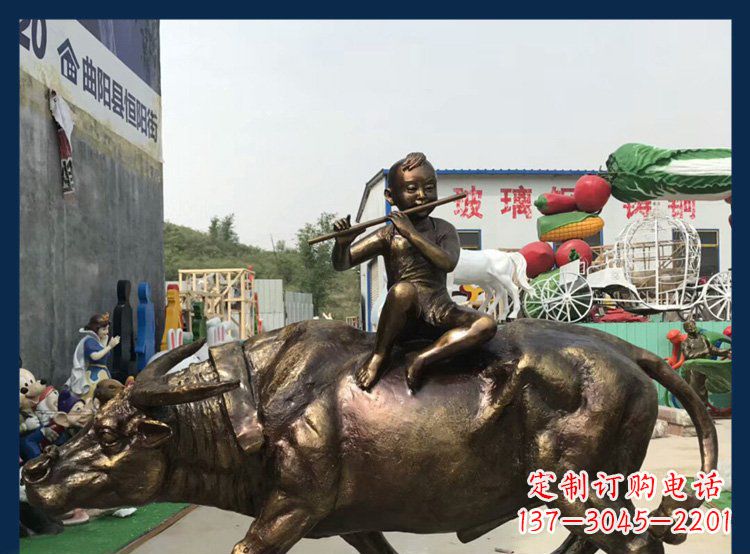 东莞田园铜雕木头骑黄牛动物雕塑