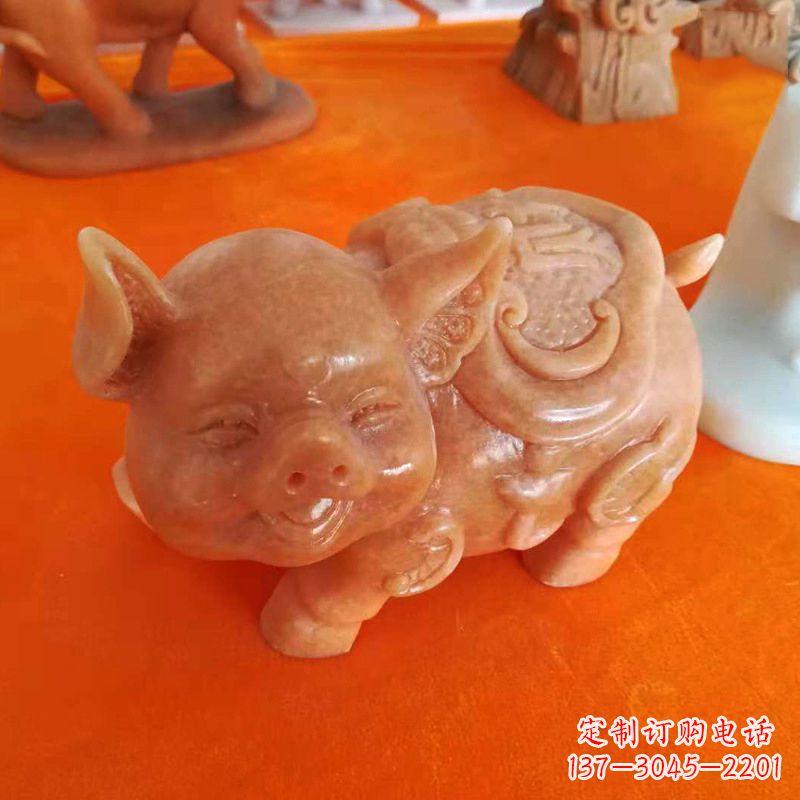 东莞晚霞红大理石招财猪雕塑-企业商场创意生肖动物风水摆件