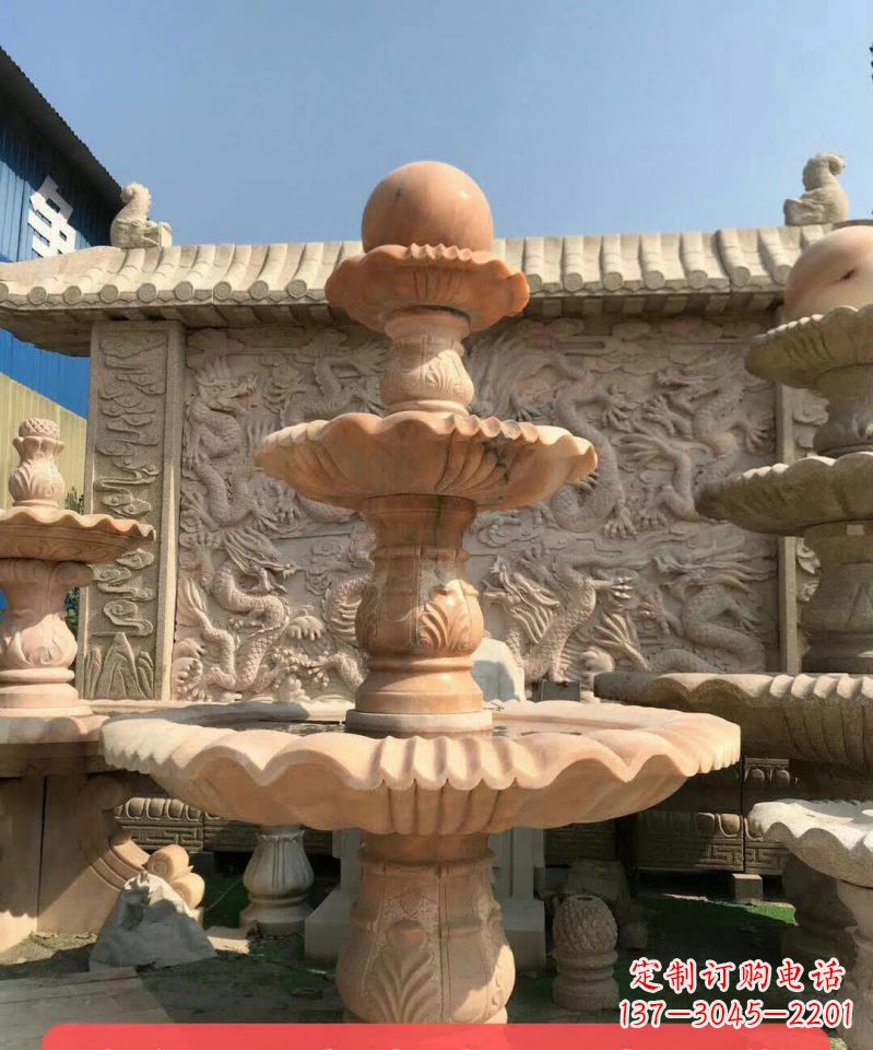 东莞晚霞红风水球石雕喷泉
