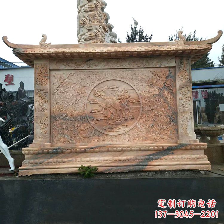 东莞晚霞红麒麟影壁墙石雕