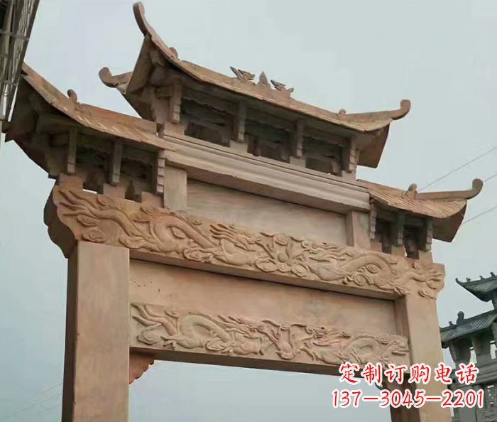 东莞晚霞红石雕单门牌坊