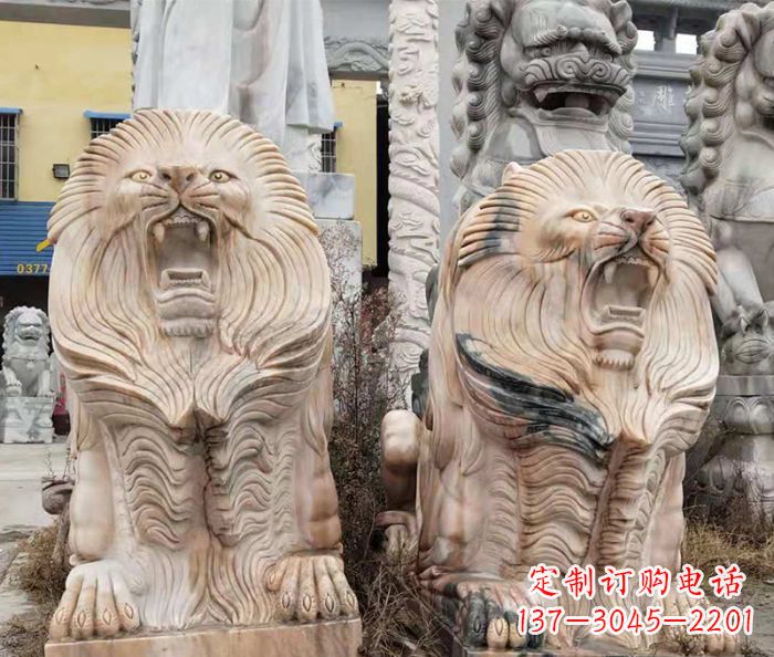 东莞晚霞红石雕欧式石狮子