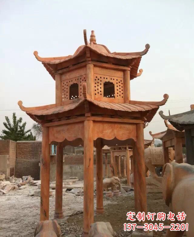 东莞晚霞红双层凉亭石雕