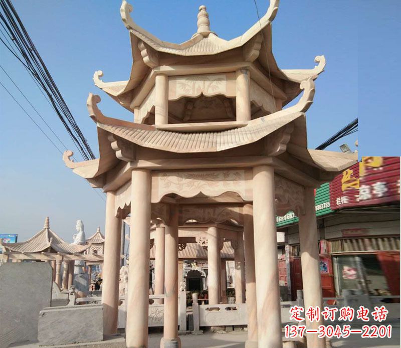 东莞晚霞红双层六角凉亭石雕 (3)