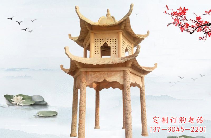 东莞晚霞红双层六角凉亭石雕