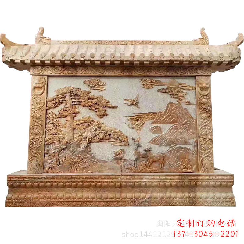 东莞晚霞红迎客松石雕影壁