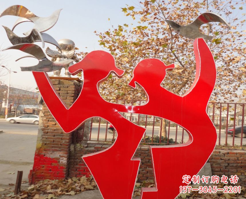 东莞校园不锈钢剪影人物和和平鸽雕塑
