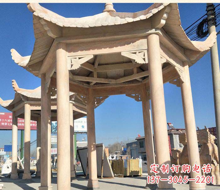 东莞园林景观晚霞红六角石雕凉亭 (2)