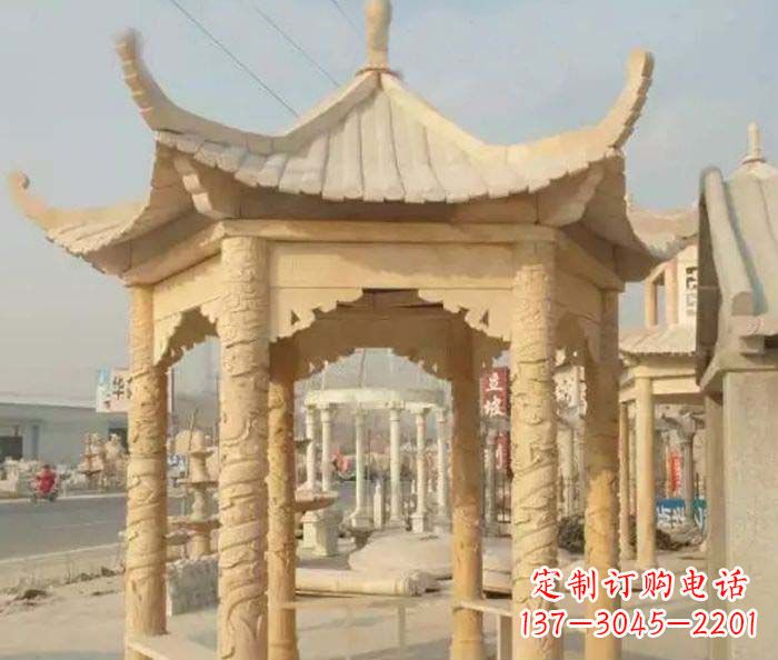 东莞园林景观晚霞红六角石雕凉亭 (3)