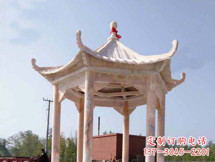 东莞园林景观晚霞红六角石雕凉亭